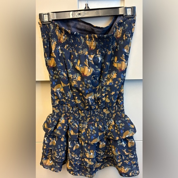 D.E.P.T. Floral strapless Mini Dress ruffled hem Blue abstract print size Small - Picture 4 of 8
